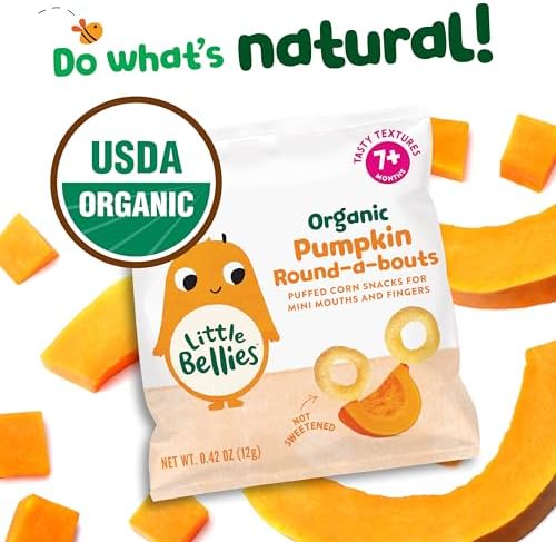 Organic pumpkin and carrot ingredients graphic on a baby snack box