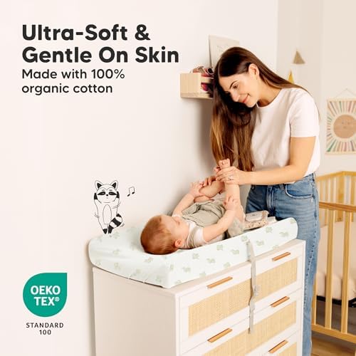 KeaBabies premium infant diaper changing mattress cover fitted closely on a standard nursery contour pad