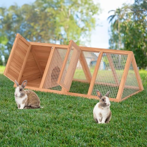 Rabbit Hutch, Small Chicken Coop Outdoor A-Frame Quail Cage with 2 Door & Run Cage Wooden Triangle Quail Hutch with Ventilating Wire Poultry Hutch for Small Animal (Wood) - Image 2