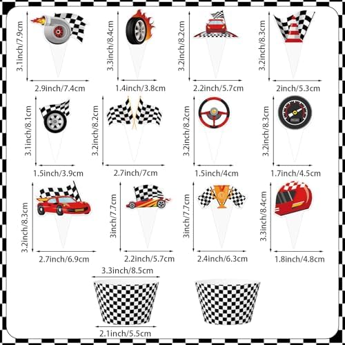 Close up of race car themed cupcake toppers showing checkered flag design