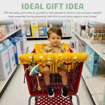 Del & Fin 2-in-1 high chair liner showcasing the clear smartphone pouch and interactive toy loops.