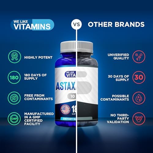 We Like Vitamins Astaxanthin bottle beside natural microalgae illustration
