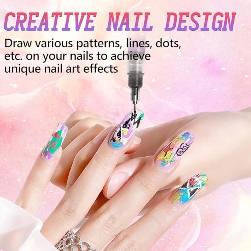 Hand demonstrating nail art drawing with marker on gel nails