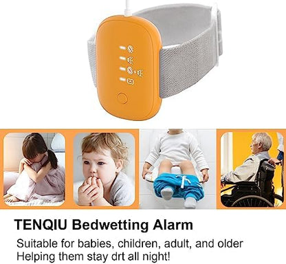 Fency bedwetting alarm packaging with USB charging cable included.