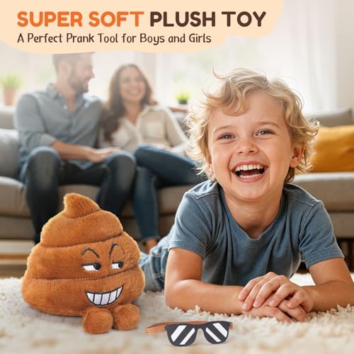 SnugBibble interactive brown poop plush toy placed on an office desk.