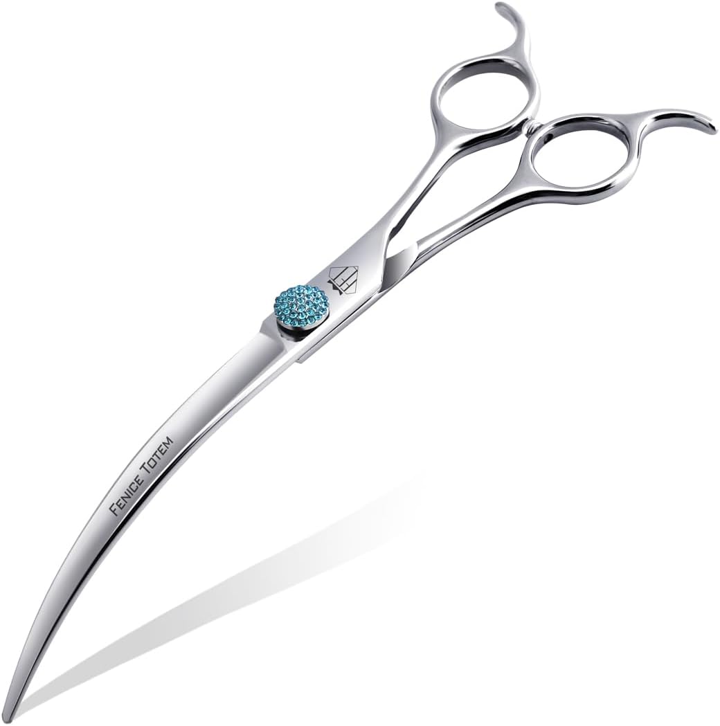 Fenice Totem professional grooming curved shear front view showing 45 degree angle big arc blades.