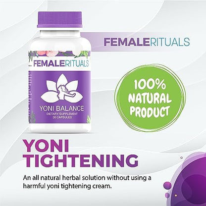 Lifestyle shot of Yoni Balance capsules as a mess-free alternative to tightening gels.