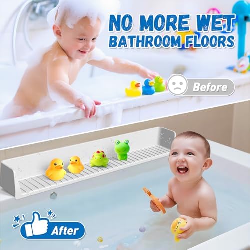 Gray silicone bath toy holder and water barrier installed on a clean white bathtub rim.
