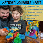 Eight pack of imported stringy sensory balls arranged neatly to show the assorted bright colors.