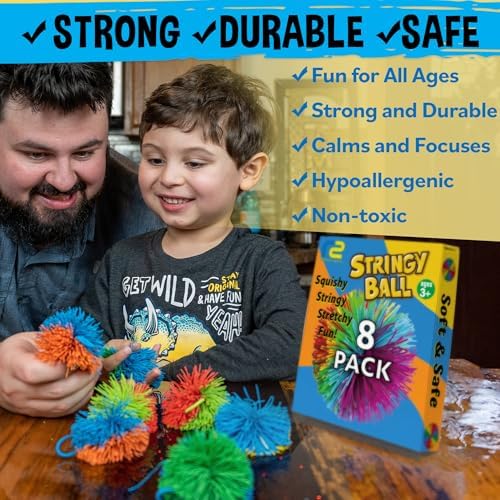 Eight pack of imported stringy sensory balls arranged neatly to show the assorted bright colors.