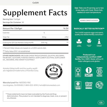 Needed Coenzyme Q10 30 count softgels preconception health support