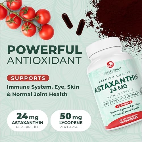 PurePremium Astaxanthin twenty four milligrams and lycopene capsules for skin health.