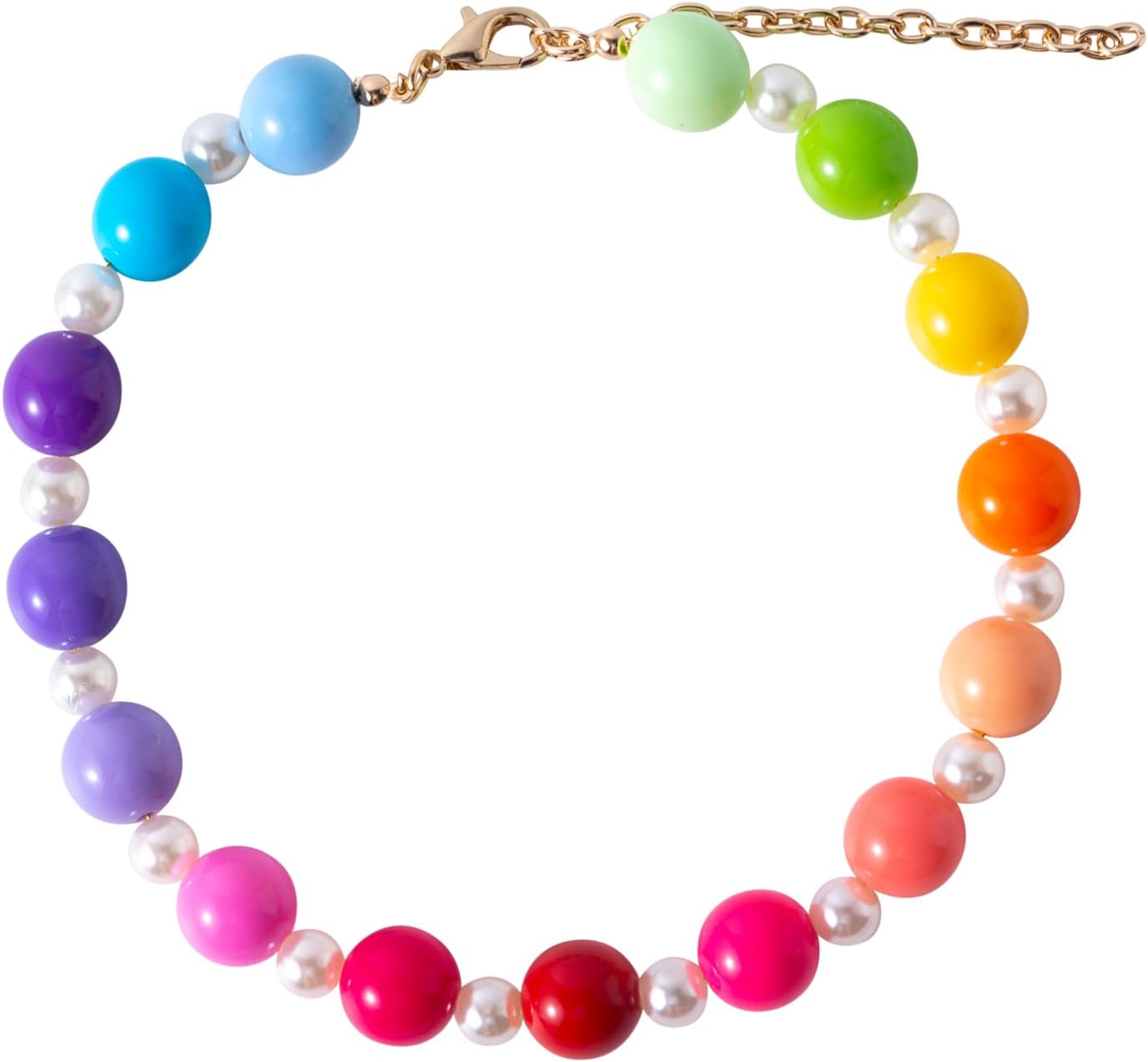 Daovace pearl collar beaded dog necklace front view showcasing colorful rainbow beads and premium gold hardware.