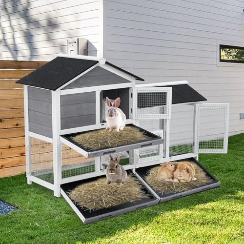 Garvee 63 in Bunny Hutch Indoor Bunny Cage, with 3 Leak-Proof Removable Trays, Wooden Waterproof Roof Rabbit Hutch Indoor/Outdoor, 2-Tier Bunny House/Chicken Coop, Gray and Black - Image 8