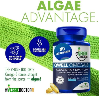 The Veggie Doctor Vegan Omega 3 sixty softgels container highlighting tapioca vegetarian capsule ingredients list