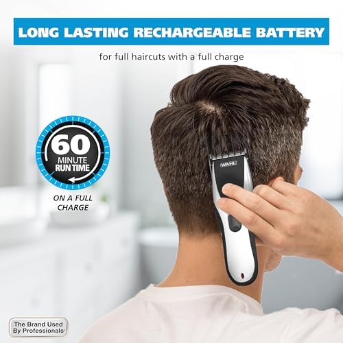 Wahl dual voltage hair clipper for men highlighting the power switch and battery indicator.