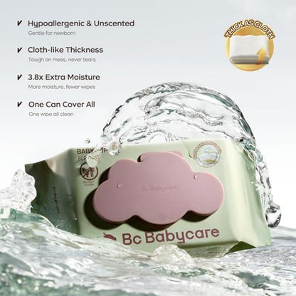 Bc Babycare Cloud Moist Baby Wipes, Thick & XL, 99% Water, Ultra-Hydrating, Unscented, Hypoallergenic for Sensitive Skin, Biodegradable, 3 Flip-Top, 240 Count - Image 3