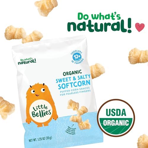 Little Bellies organic puffed corn toddler snacks in individual portion bags for children