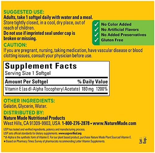 Authentic USA imported Nature Made Vitamin E supplement bottle showing dietary details.