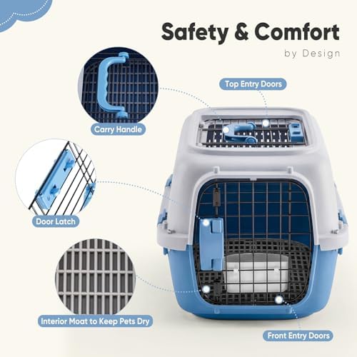 DUMOS 23" Hard-Sided Pet Carrier for Small Dogs & Cats, Airline Approved Travel Crate with Enhanced Security Latches, Front & Top Load Wire Door, Food Bowl for Traveling, Hiking, Camping, Grey&Blue - Image 4