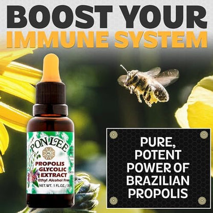 Alcohol free green bee propolis dietary supplement liquid consistency close up.
