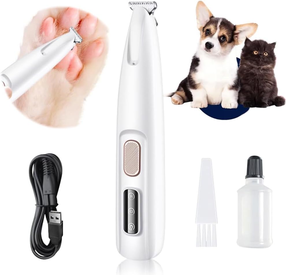 Comasua pet micro precision dog hair trimmer front view showing sleek white body and LED power display screen