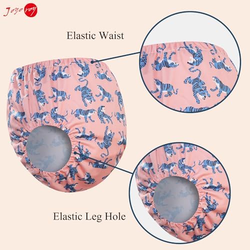 Six multi colored Joyo Roy reusable diaper covers laid out flat showing size four T design