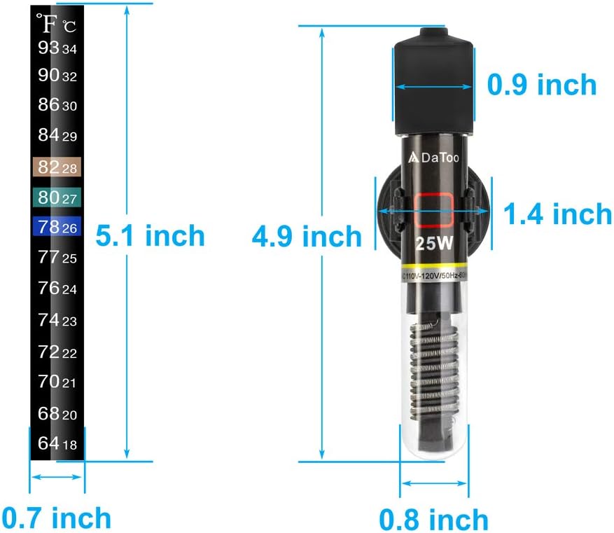 DaToo small aquarium heater showing compact quartz glass design