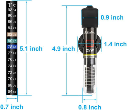 DaToo small aquarium heater showing compact quartz glass design