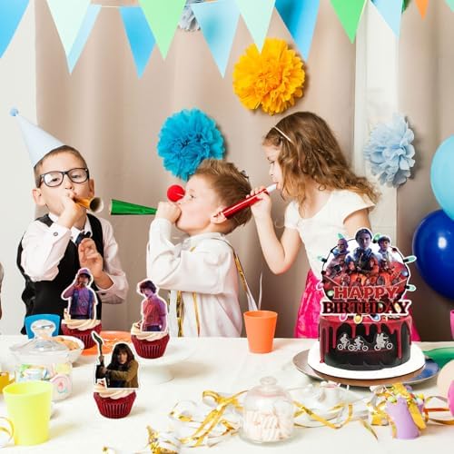 Close up of Stranger TV themed Happy Birthday cake topper