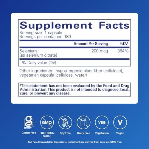 Pure Encapsulations Selenium Citrate supplement facts and ingredient label.