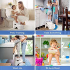 Space saving storage demonstration showing the potty seat hanging on a wall hook