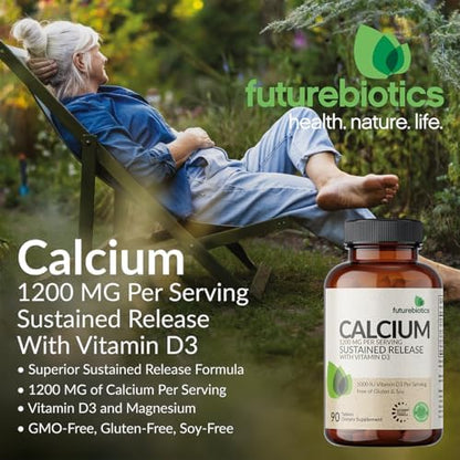 Side view of Futurebiotics Calcium 1200 milligrams sustained release bottle