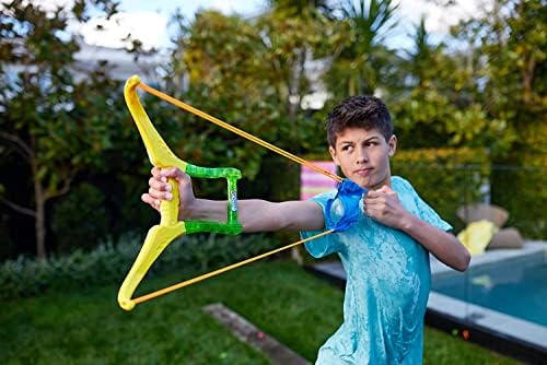 Aerodynamic water balloon slingshot launcher with six colorful rapid fill balloon bunches.