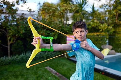 Aerodynamic water balloon slingshot launcher with six colorful rapid fill balloon bunches.