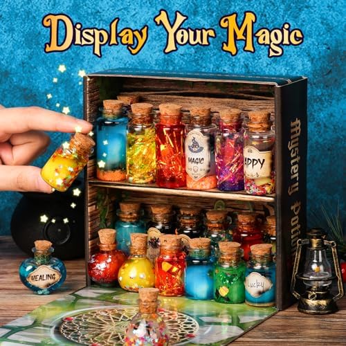 Close up of 20 magical potion bottles and accessories