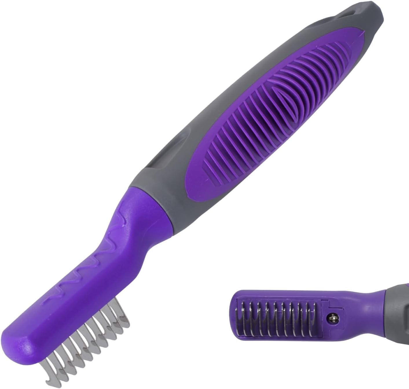 Hertzko pet dematting comb front view showing purple and gray handle with stainless steel blades