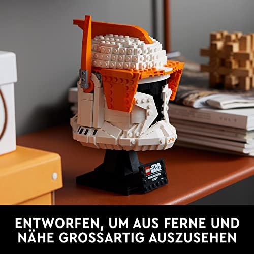Assembled LEGO Star Wars 776 piece adult model helmet with orange visor detailing
