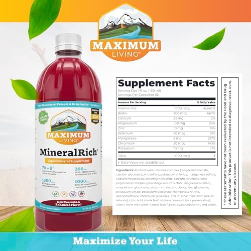 Full product shot of maximum living mineralrich thirty two ounce liquid mineral drink highlighting its ionic trace mineral benefits