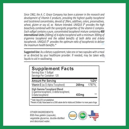 Close-up of UNIQUE E high-Gamma vitamin E softgels for daily cognitive wellness.