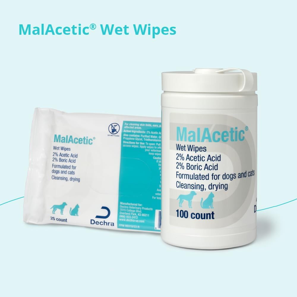 USA imported MalAcetic 25 count wipes canister for soothing pet skin infections.