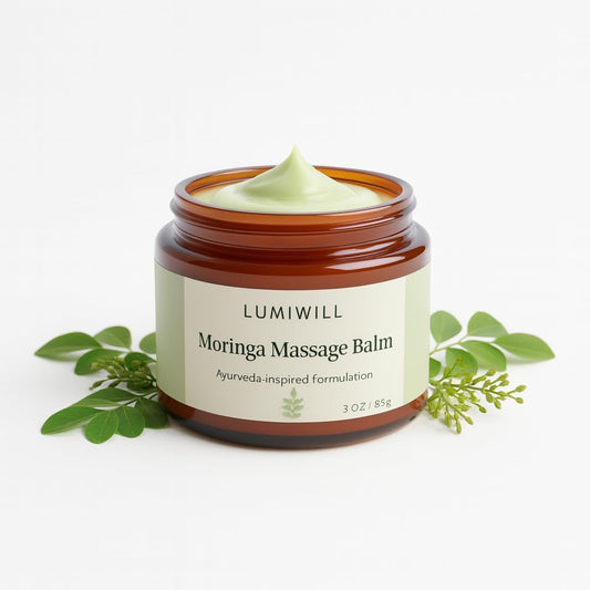 Lumi Will Moringa Massage Balm front jar view Ayurvedic ointment
