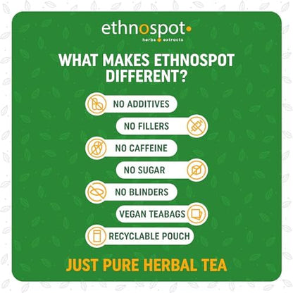 Top view of Ethnospot Kava Stress Relief tea box showcasing the full thirty two count vegan product quantity