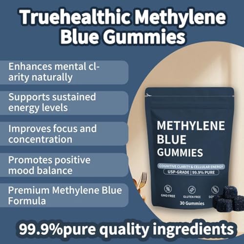 Truehealthic Methylene Blue Gummies dietary supplement container side angle shot.