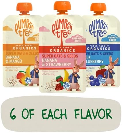 Peter Rabbit Organics child friendly squeezable snack pouches showing real organic fruit ingredients