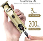 Side profile of the gold outlining clipper showing the ergonomic knurled barbell grip for non-slip barber use.