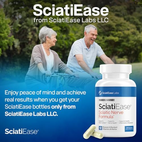 SciatiEase Sciatic Nerve Health Supplement bottle next to capsule serving