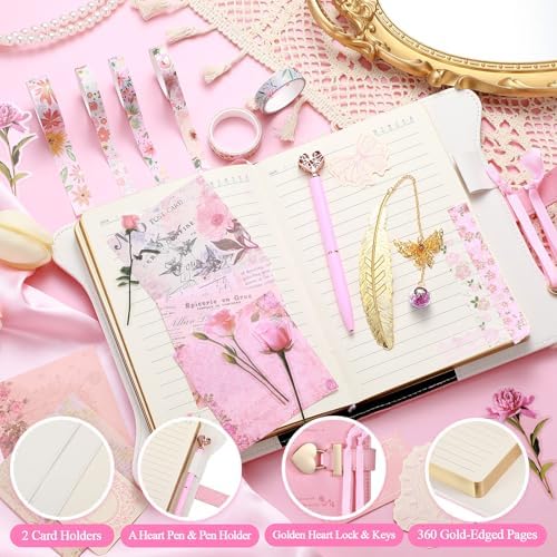 Close up of Janlaugh gold heart lock and journal keys