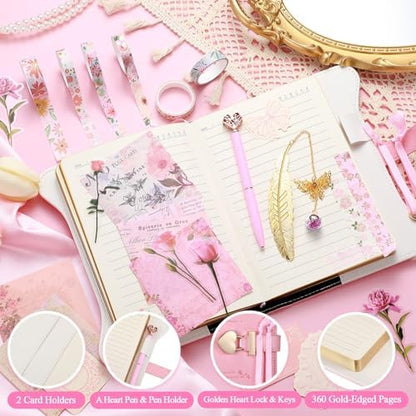 Close up of Janlaugh gold heart lock and journal keys