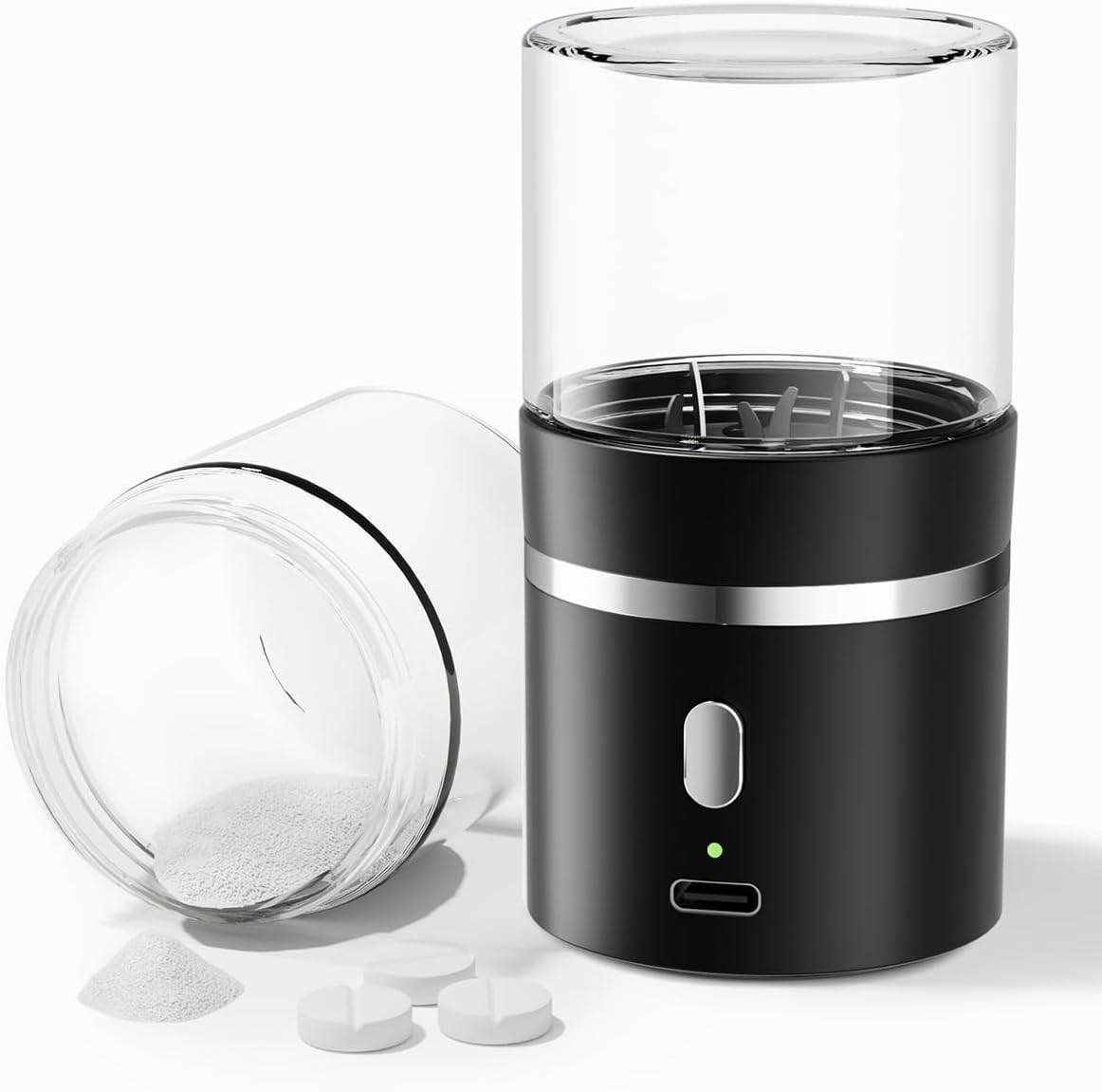 Cotatoc electric pill crusher front view showing black motor base and transparent glass chamber